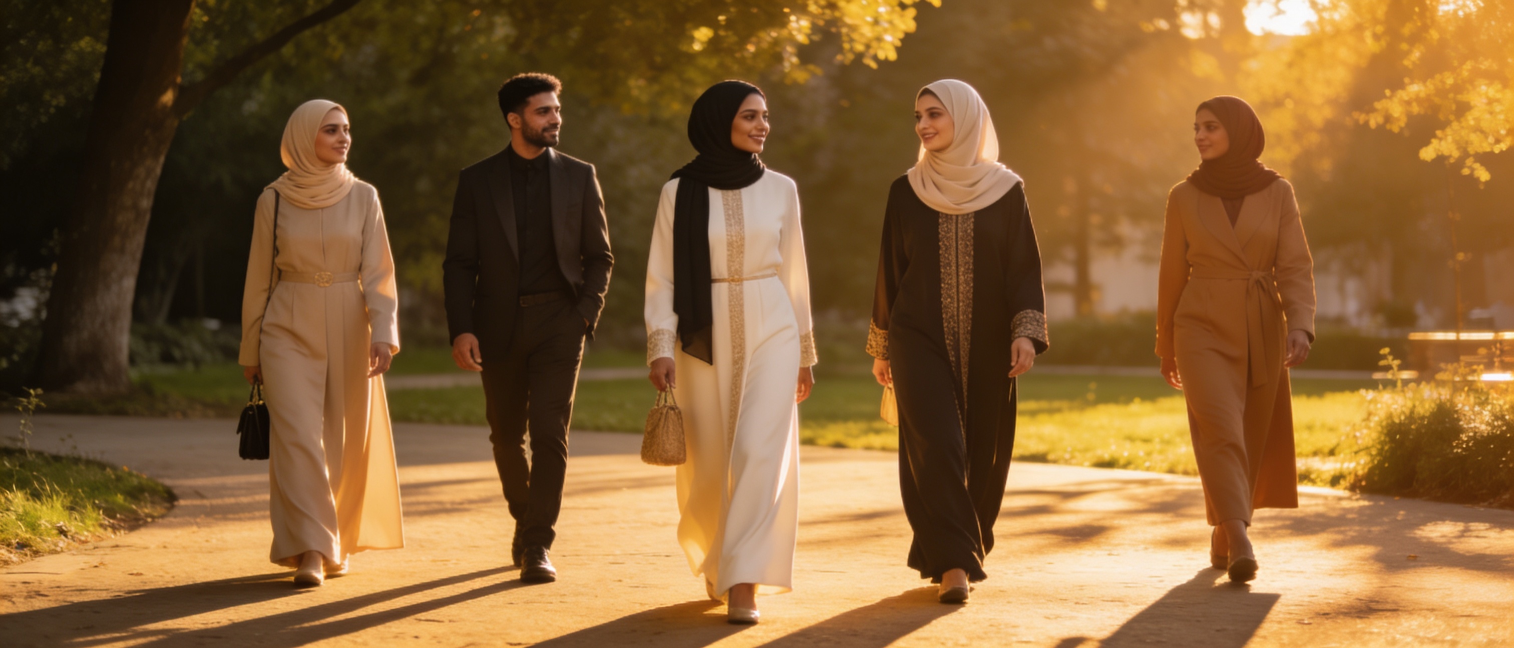 Modestly dressed Muslim individuals in stylish Islamic clothing