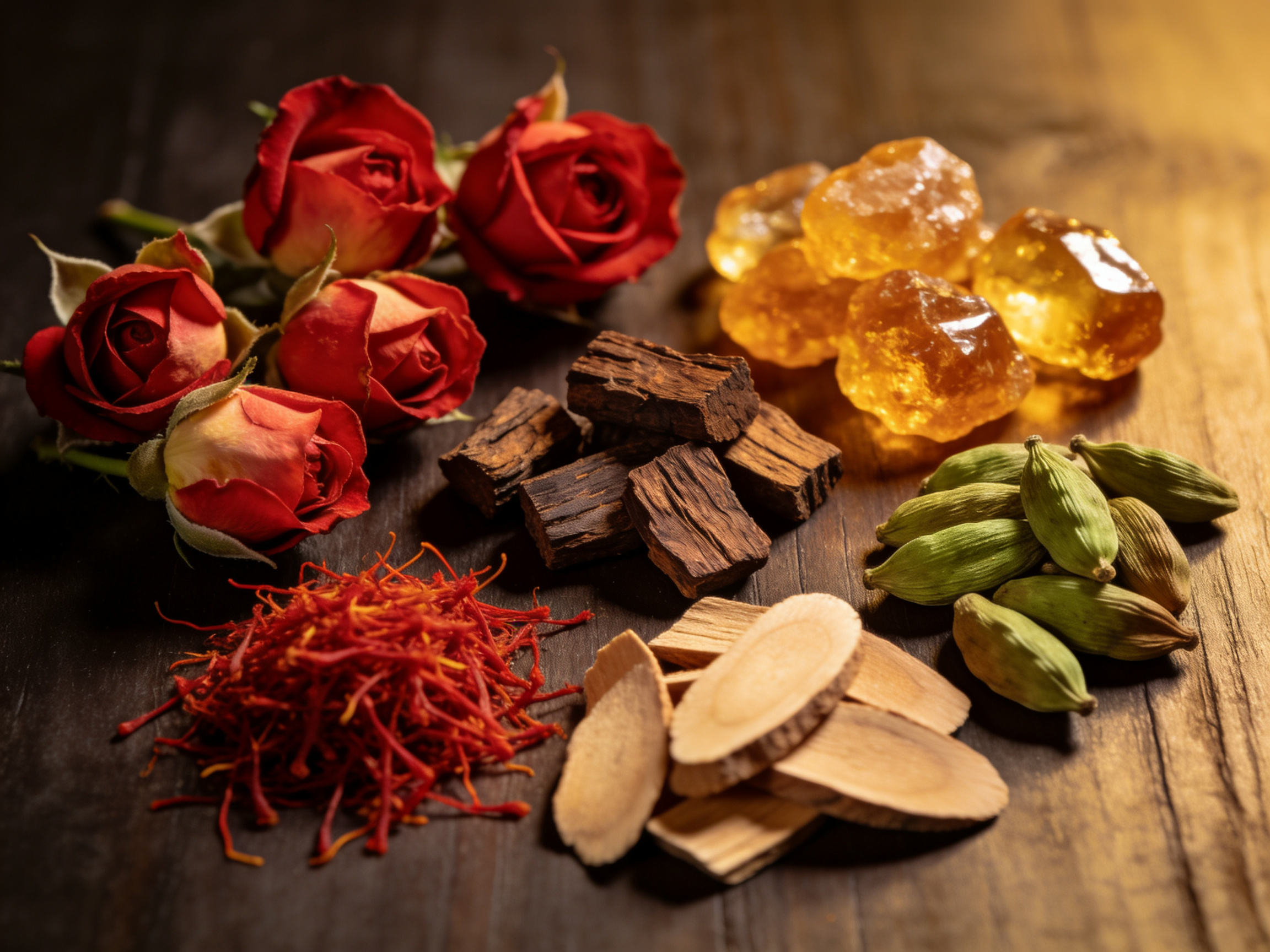 Natural ingredients for attar oils including roses, oud wood and amber resin
