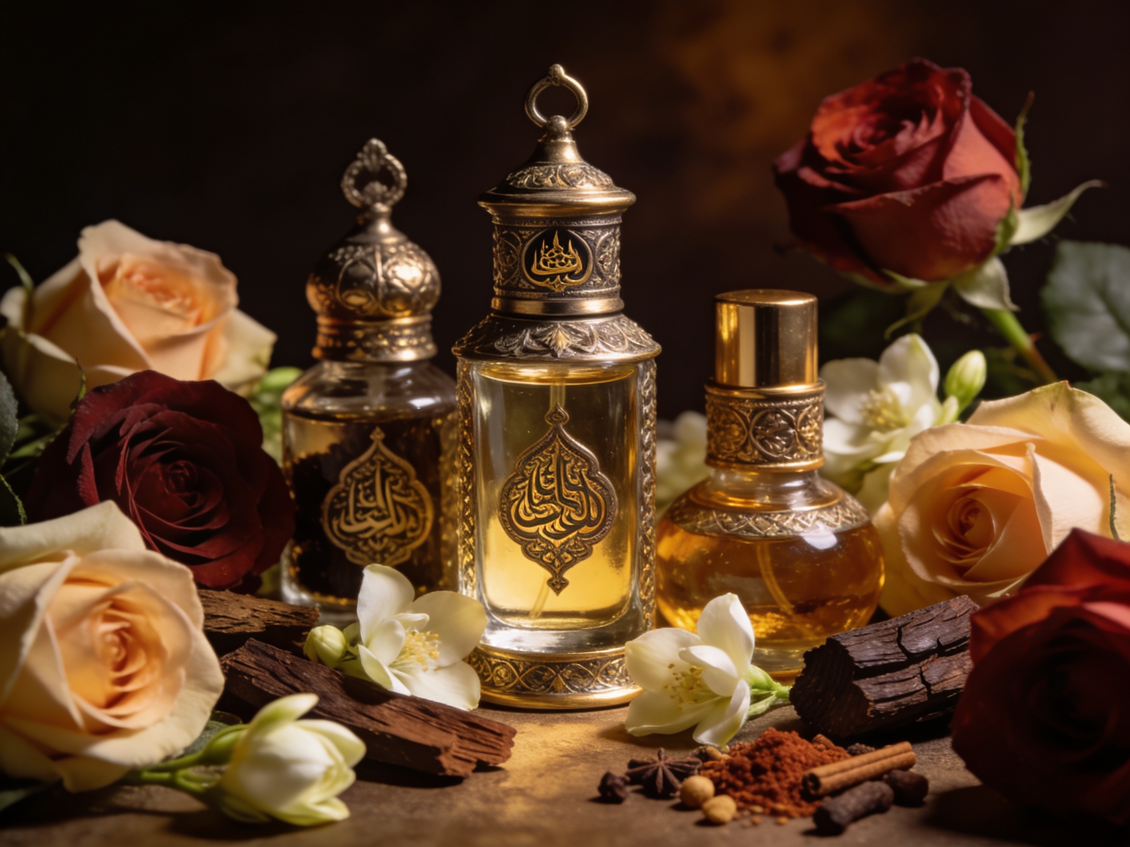 Attar oil bottles with natural flowers and spices